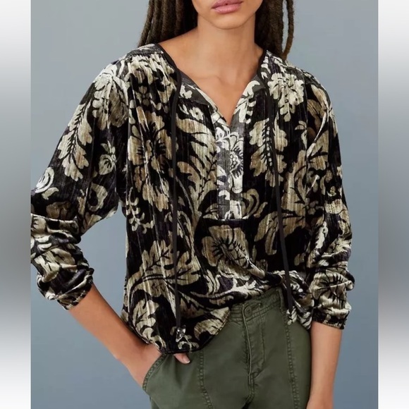 Anthropologie Brown Faustine Velvet Floral Peasant Blouse Size Size Small